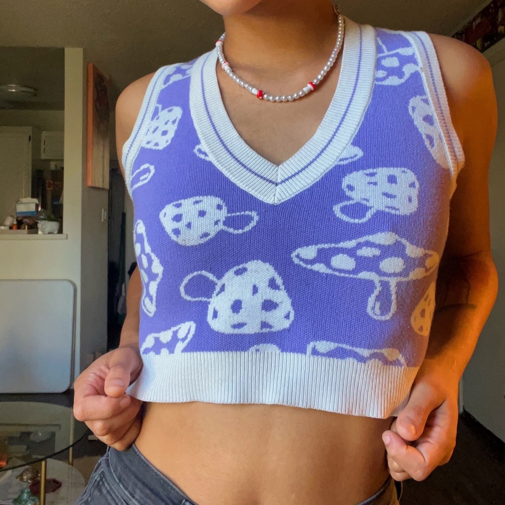 Super cute purple mushroom cropped vest! Worn once! Great condition